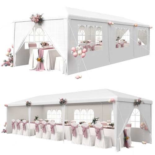 EROMMY 10x30FT Party Tent with Sidewalls, Waterproof Outdoor Event & Wedding Canopy, 6 Removable Panels, 2 Zipper Doors, Backyard Gazebo Tent, White