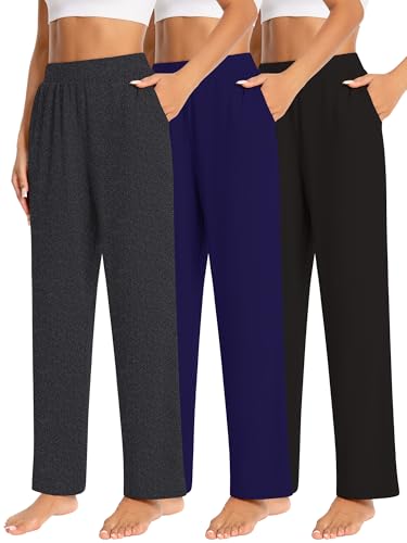 JULGIRL 3er-Pack Damen-Loungehose mit weitem Bein, Sweatpants mit Taschen, elastische Taille, Yogahose, lässig, lockere Jogger, Schwarz, Dunkelgrau, Dunkelblau, Large
