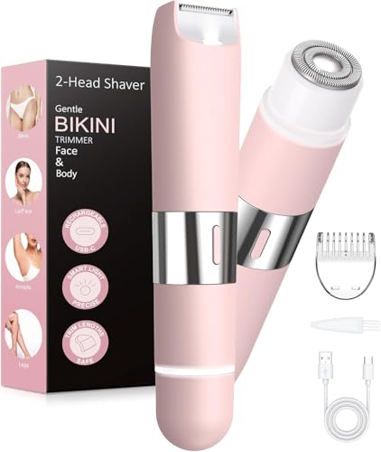 Bikini Trimmer Women 2-in-1 Facial Hair Remover for Women USB-C Razors Woman Dual Head Shaver Women with Smart Light for Intimate Lady Shavers for Woman Pubic Hair for Lip Underarm Body Travel Lock