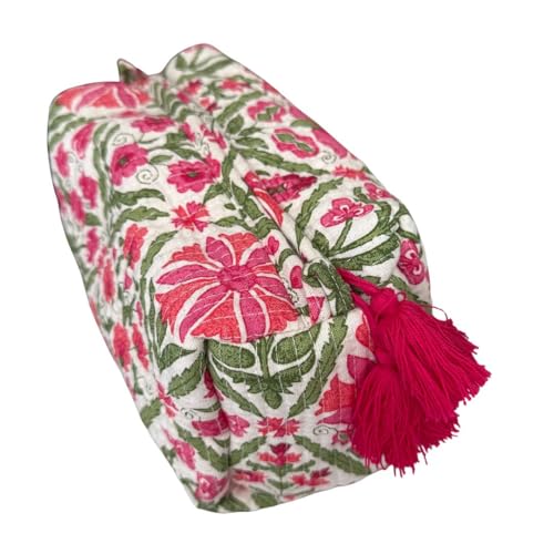 Block Print Designer Toiletry Bag & Makeup Case - Boho Floral Quilted Pouch for Cosmetics, Skincare - Waterproof Lined Organizer for Purse, Travel, Gift Large (9x7x4 inches) Multi 33