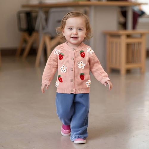Baby Girl Sweater Cardigan Strawberry Floral Embroidery Chunky Cable Knit Button Jacket Toddler Fall Winter Clothes3