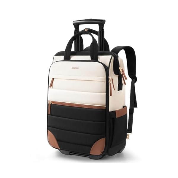 Rolling Puffer Backpack for Women, Travel Backpack with Wheels, 16 Inch Wheeled Laptop Backpck, Dual-Opening Design Overnight College Underseat Carry on Luggage, Roller Business Work Bag, Beige Brown