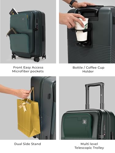 Image of EUME Aerotop Cabin Trolley Bag Small | Top Open Suitcase | Expandable Hard Polycarbonate Luggage | TSA Lock, Anti Theft Zipper, Silent Wheels | 16 inch inch Laptop Holder + Charging Port | 50L Green