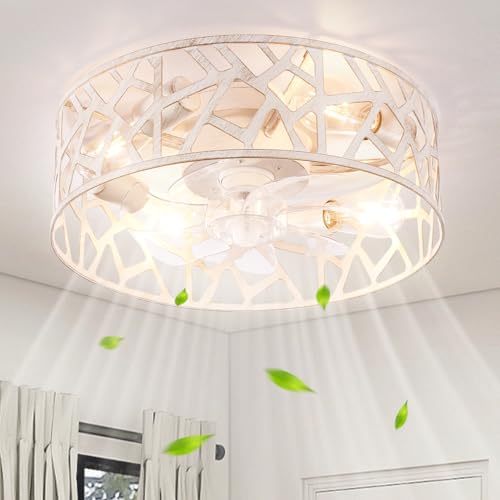 Image of Flush Mount Fandelier Ceiling Fan with Lights and Remote, 18 inch Caged Ceiling Fan with Light Vintage White, Farmhouse Ceiling Fans for Bedroom, Kitchen, Living Room