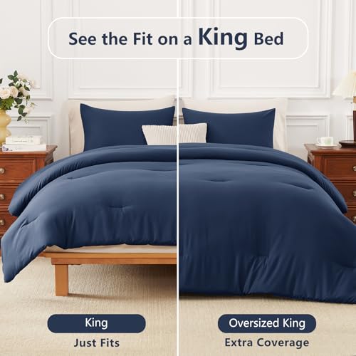 Image of HIMEET King Size Comforter Set, 3 Pieces with 2 Pillowcases, Navy Blue | 270GSM Down Alternative Fill, Oeko-TEX Certified, 8 Corner Ties Quilted, All Season, Fluffy Bed Set, Bedroom Decor Bedding