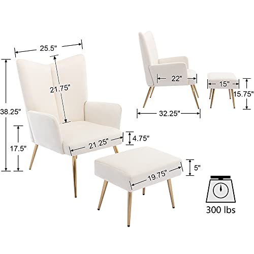 Vescasa Velvet Accent Chair With Footrest Stool, Modern V-Back Armchair With Gold Metal Legs, Set Of Living Room Chair And Foot Stool Ottoman For Bedroom/Reading, Cream #TOP1