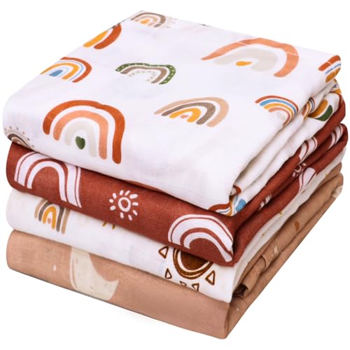 Image of 4 Pack Boho Muslin Swaddle Blankets Baby Gender Large Neutral Cotton Newborn Receiving Blankets Soft Breathable Infant Wraps Swaddle Essentials for Boys or Girls Large 47 X 47 Inches (Boho)
