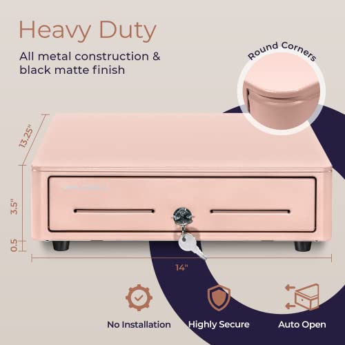 Cash Register Drawer For (Pos) Point Of Sale System With Round Corner 13", Removable Coin Tray, 4 Bill/5 Coin, 24V, Rj11/Rj12 Key-Lock, Media Slot,Cash Till, Money Drawer For Businesses, Pink #TOP1