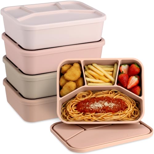 Honeydak 4 Pcs Silicone Bento Box Reusable Lunch Container 4 Compartment Snack Boxes with Lid Smooth LeakProof Rectangle Food Boxes for Adult Work Travel Food Storage (Gentle Color)