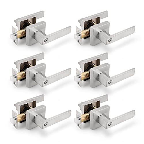 Gobrico Pack of 6 Square Door Handles Levers, Bedroom and Bathroom Privacy Locks Satin Nickel Finished, Keyless Interior Door Locksets Door Knobs