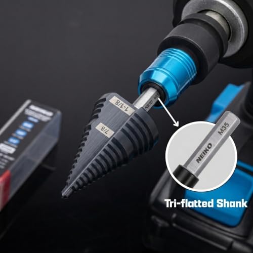 Image of NEIKO 10626B Step Drill Bit, 2 Steps 7 /8 inch to 1-1 /8 inch Straight M35 Cobalt, AlTiSiN Coated, 3 /8 inch Tri-Flat Step Bits for Steel, Metal, Wood, Plastic, Unibit Cone Drill Bits, Two Flute