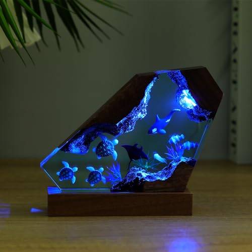 Image of Drawelry Ocean Creative Epoxy Resin Wood Light Lamp, Handmade Multi Color Aquatic Ocean Lamp Deep Sea Cave Diving Enthusiasts Led Night Light Desktop Decor Birthday Gift (Turtle, M)