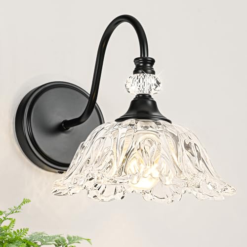 Image of 1 Piece Black Wall Sconce with Floral Clear Glass Shade, Black Farmhouse Wall Mount Lighting for Bathroom,Vintage Bathroom Vanity Light Fixture