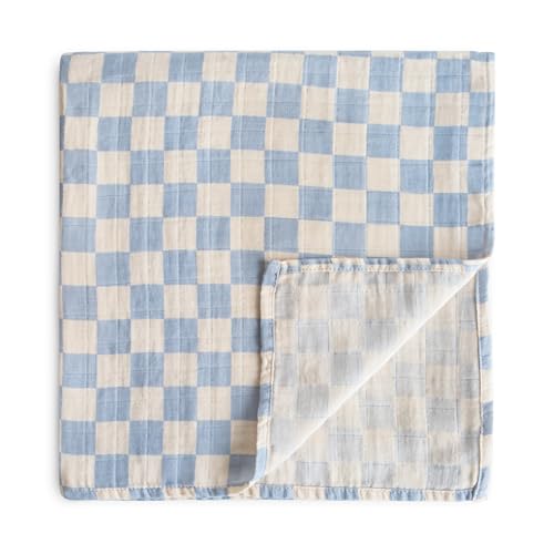 Image of mushie Muslin Baby Swaddle Blanket | 100% Organic Cotton (Blue Check)