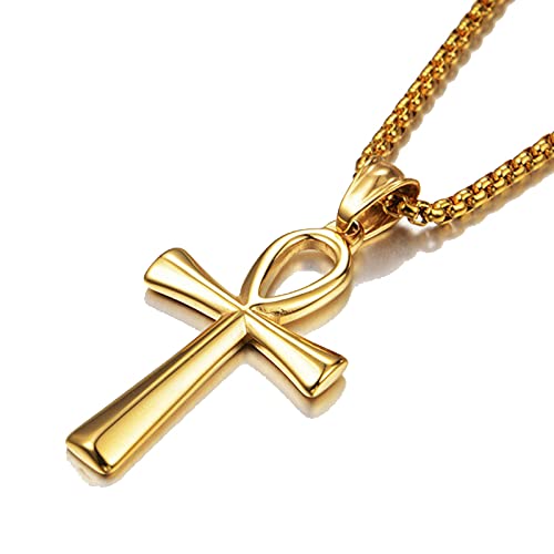 GOVENUSStainless Steel Ancient Egyptian Coptic Ankh Cross Pendant Necklace For Boy&Women&Men,On 24 Inch Rolo Chain,Black/Gold/Silver