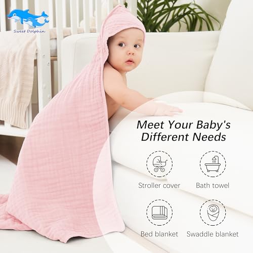 Image of SWEET DOLPHIN Muslin Hooded Baby Bath Towels - 2 Pack 100% Cotton Towel for Babies, Infants, Toddlers - 32x32Inch - Highly Absorbent and Newborn Essential, Pink