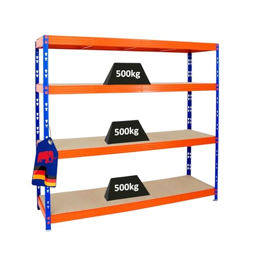 PROREGAL Profi Schwerlastregal Rhino EXTRA BREIT blau/orange HxBxT 180x200x60cm Fachlast 500kg 4X Spanplatten-Ebenen 8mm Garagenregal, Lagerregal, Steckregal, Weitspannregal