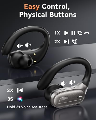 Image of LEEMC Wireless Earbuds, Bluetooth Headphones 5.4, Ear Buds with Hooks for Sports, 80Hr Playtime Earphones, LED Display, IPX7 Waterproof Headset for Workout Running, Taupe