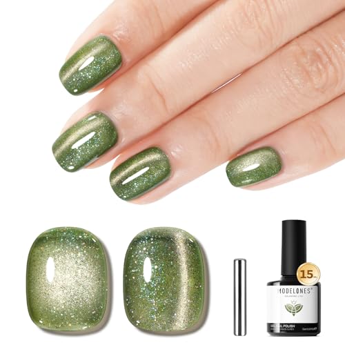 Image of modelones Cat Eye Gel Nail Polish Glitter Green Polish with Magnet Sparkle Galaxy Series Nail Polish Soak Off Led Reflective Nail Art Gel Top Coat Manicure Salon DIY 15 ML