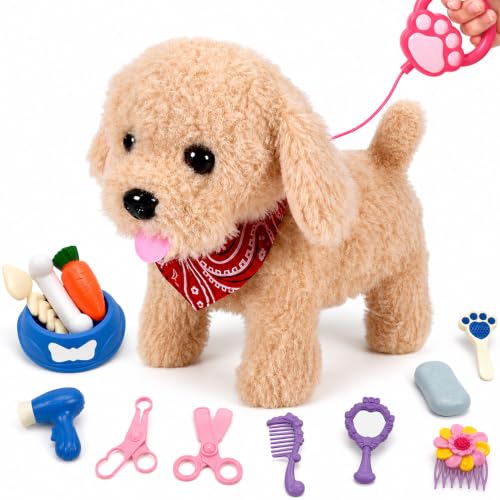 GOBRILLFUN Interaktiver, laufender Plüsch-Welpenspielzeughund, Roboterhund mit Pflegeset, Weihnachtsgeschenkspielzeug für Mädchen und Jungen, Kinder ab 3, 4, 5, 6 Jahren (Brauner Welpe)