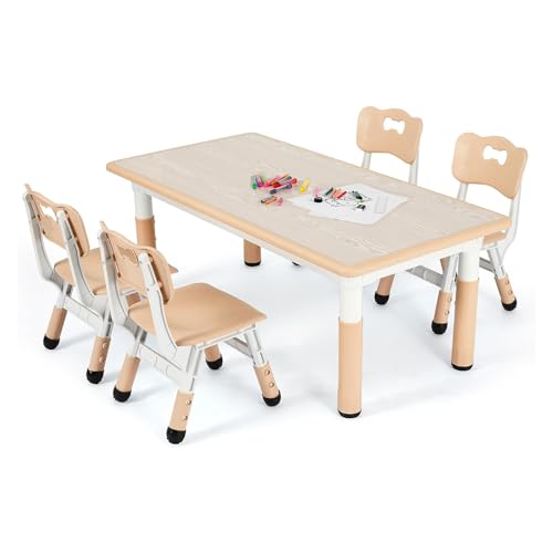 CHIIRAKU Kids Table & 4 Chairs Set – Height Adjustable, for Ages 3-8, Easy-to-Clean Arts & Crafts...