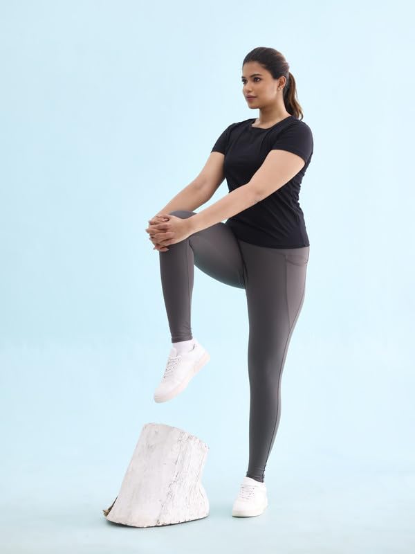 Image of GO COLORS Solid Nylon Stretch Ankle Length Training Tights | High Rise, Side Pockets