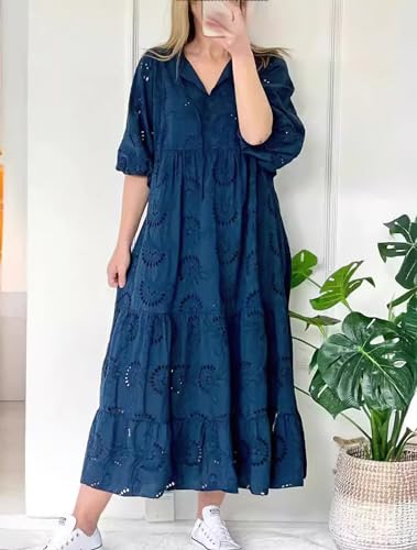 chouyatou Women's Summer Loose Floral Lace Eyelet Dress Boho Casual Notch Neck Maxi Tunic Beach Dress2