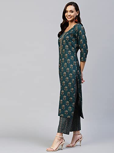 Image of GoSriKi Women's Cotton Blend Printed Straight Kurta With Pant