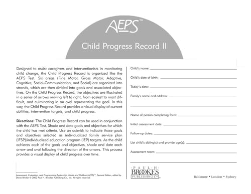 Assessment, Evaluation, and Programming System for Infants and Children (AEPS®), Child Progress Record II: Three to...