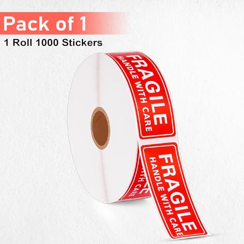 Image of GLUN Fragile Stickers 1 Roll, 3x1 Inch Size Sticker, Care Warning 1000 Labels Each Roll, Strong Adhesive Red Fragile Labels for Shipping Packing of Goods and Moving