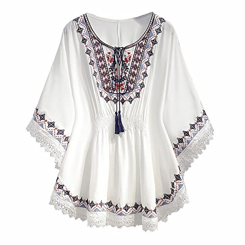 Leinenbluse Damen Summer - T Shirt V Ausschnitt Vintage Bluse Damen Elegant Boho Ethnic Stil Stickerei Muster mit Spitze Trim Tunika Große Größen Top Lockere Lässige Blusen & Tuniken für Damen