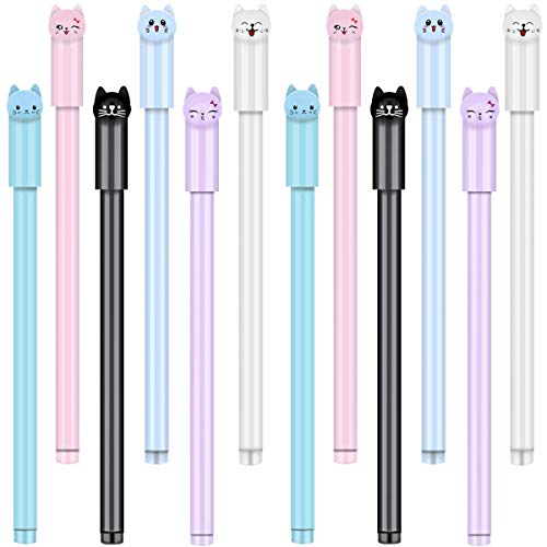 12 Pieces Cute Cat Pen 0.5 mm Gel Pens Black Ball Point Pens for School Office Supplies