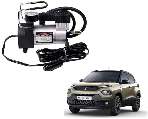 Image of 12V DC Heavy Duty Metal Tyre Inflator Air Compressor Pump for Tata Punch, Portable Fast Car Tyre Air Pump with Pressure Gauge
