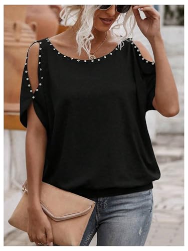 Verdusa Women's Cold Shoulder Beaded Blouse Top Elegant Summer Scoop Neck Dressy T Shirts Tops3
