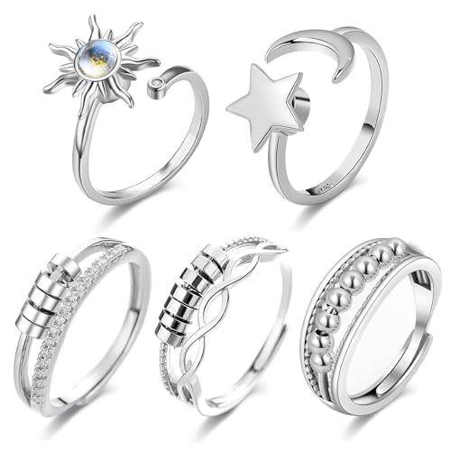 SSKHE 5anillos de ansiedad para mujer, anillo de plata giratorio ajustable para adolescentes y niñas, anillos mariposa, luna y estrella