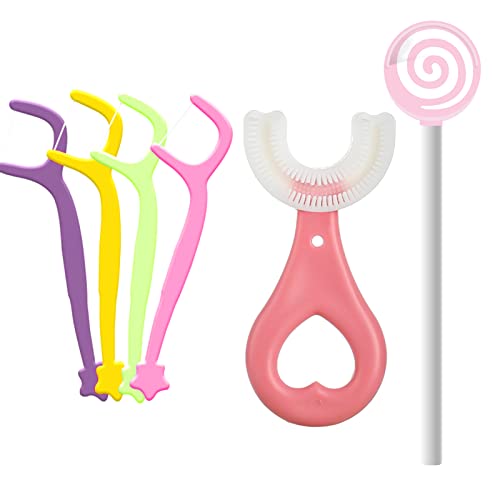 Ensemble de brosse à dents pour enfants en forme de U Nettoyage buccal à 360 ° comprenant 1 brosse à dents, 1 gratte-langue pour enfants, 4 bâtonnets de fil dentaire (rose) Cover