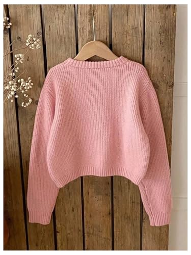 Image of BEAUDRM Girl's Cute Bow Sweater Crew Neck Long Sleeve Drop Shoulder Loose Pullover Tops