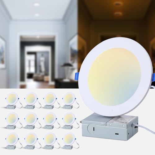 Simple Deluxe 12 Pack 6 Inch 5CCT Recessed Light with Night Light,Canless LED Recessed Lighting 6 inch,2700K-5000K Selectable,12W=130W,1080LM Dimmable Recessed Ceiling Wafer Light,ETL Certificated