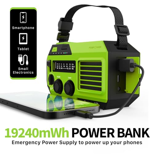 FosPower 5200mAh Emergency Radio (Model A6) NOAA Weather Alert Radio & Power Bank with IPX3 Rating, Solar Charging, Hand Crank, SOS, AM/FM/WB & LED Flashlight for Emergency Kit, Power Outages - Green