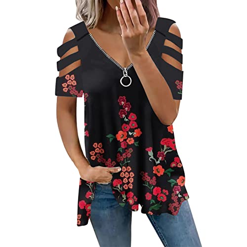 Trendige Oberteile Damen Reißverschluss V-Ausschnitt Bluse Heißbohren...