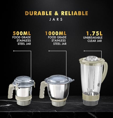Image of Sujata MG01 Mixer Grinder 1000Watts | Double Ball Bearing Motor | 24000 RPM | Non-Stop 90 Mins Running | 3 Jars including 1750ml Blender, 1000ml Grinder, 500ml Chutney Jar | Beige & White