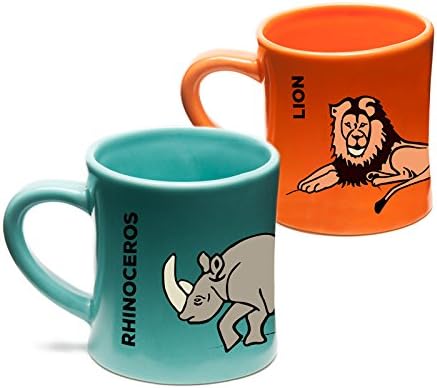 BittyMugs for Kids - Lion/Rhinoceros Kids Ceramic Mugs, 4oz, BPA FREE, Waldorf Preschool, Animal Mug Set, Hot Chocolate, Milk, Espresso, Gift