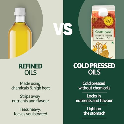 Gramiyaa Wood Cold Pressed Mustard Oil - 1 Ltr | 100% Pure Unrefined Marachekku Oil/Kachi Ghani Oil | Chemical & Cholesterol Free Healthy Cooking Oil for Daily Use