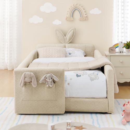 Image of Twin Size Kids Bed with Rabbit Ear Headboard, Upholstered Boucle Fabric Twin Daybed with Slats Support & Side Pockets, Space-Saving Wooden Corner Sofa Couch Bed Frame for Girls, Boys, Teenager(Camel)