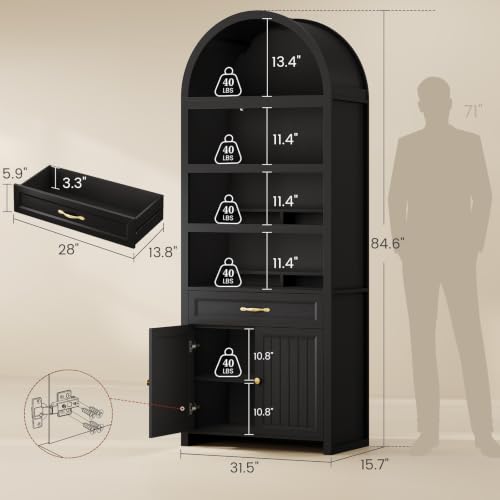 2 Pcs 84.2" Tall Arched Cabinets,Bookcase with Drawer storage,Mid-Century Modern 6-Tier Bookshelf, 2 Book Risers and Adjustable Shelves offering more storage space for Living Room,Kitchen, Black - Image 3