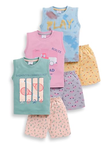 Image of Pure Cotton Sleeveless T-Shirt and Half Pant Set for Boys Kids| Kids boys tshirt and half pant set| Coordinated Set for Unisex kids| Roundneck Tees| Lightweight and Breathable