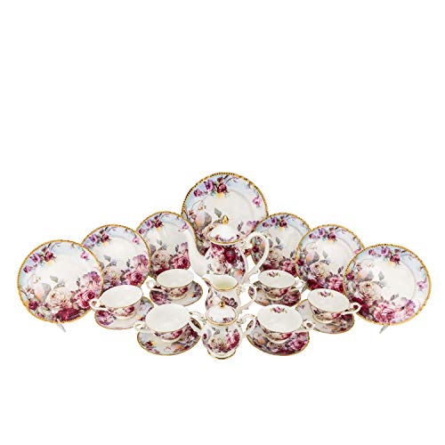Royalty Porcelain 24-pc Pink Tea or Cake Set Austin Roses For 6 Bone China