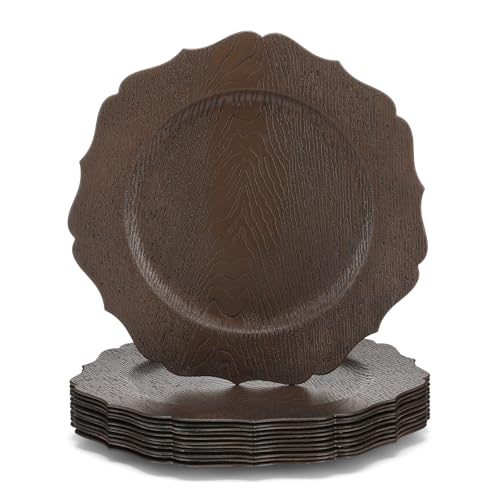 Mifoci 12 Pcs 13" Rustic Brown Wooden Textured Acrylic Chargers Plates with Scalloped Rim Round Faux Wood Chargers for Dinner Plates for Fall Thanksgiving Day Wedding Party Table Decor by Mifoci - Used condition - US$38.22