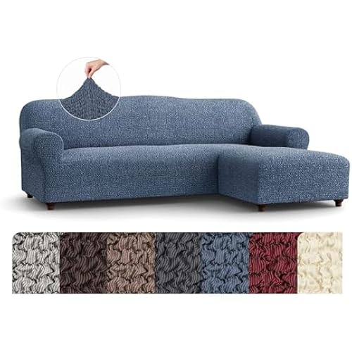 PAULATO BY GA.I.CO. Stretch Sectional Sofa Slipcover – 1-Piece L Shape Couch Cover – Machine Washable Bi-Elastic Furniture Protector – Blue (Right-Facing Chaise)