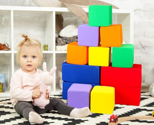 Image of Toddler Foam Buliding Blocks - 12 Piece Fabric Covered in 2 Sizes Stacking Block Sets - Colourful Soft Play Set for Kids Idea for Building and Throwing Fun-Blue